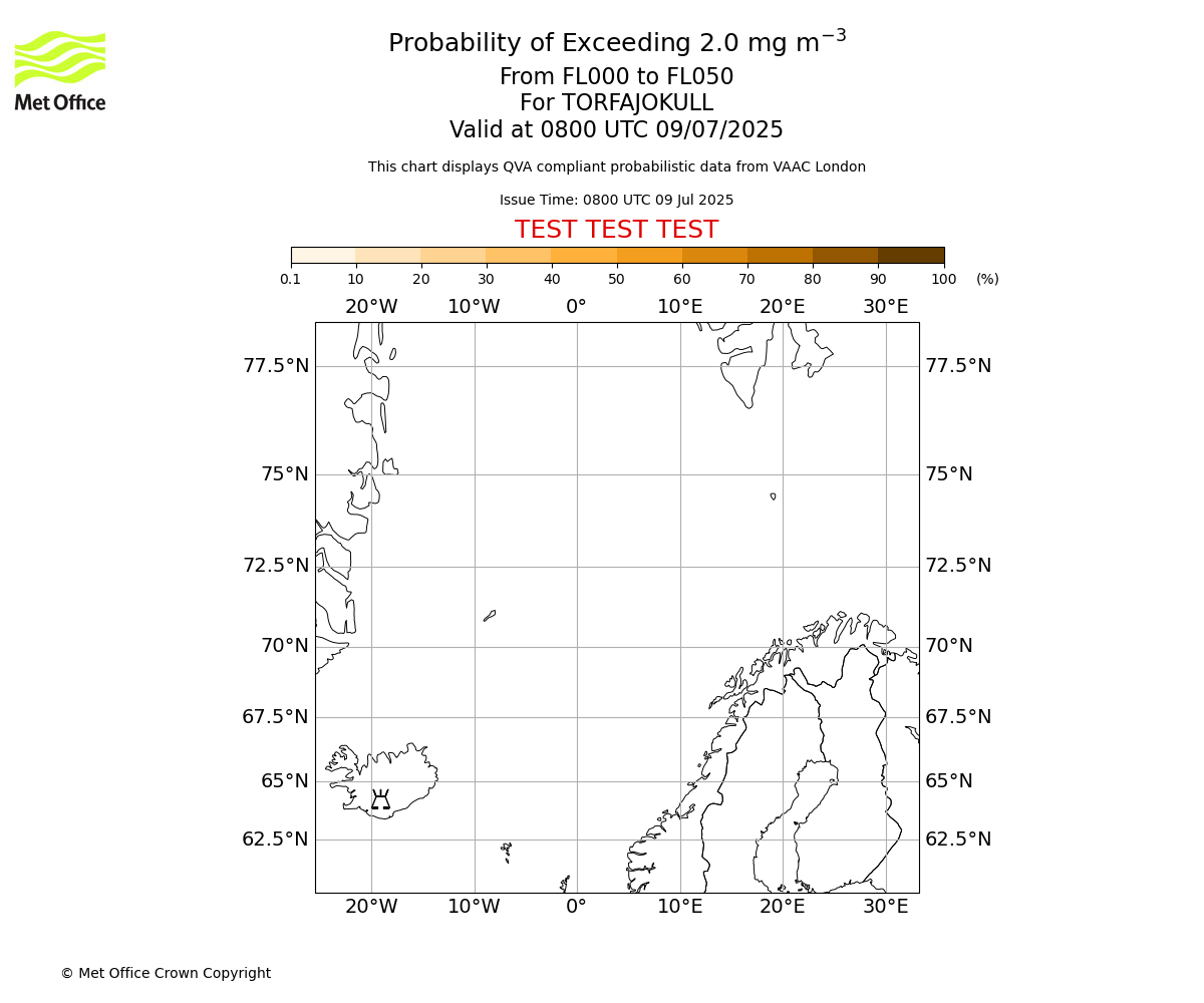 Probability of exceeding 2.0 milligrams per metre cubed. From 000 to 050 for TORFAJOKULL. Valid at 0800 UTC 09/07/2025