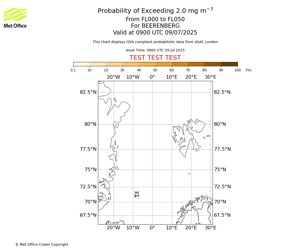 Probability of exceeding 2.0 milligrams per metre cubed. From 000 to 050 for BEERENBERG. Valid at 0900 UTC 09/07/2025