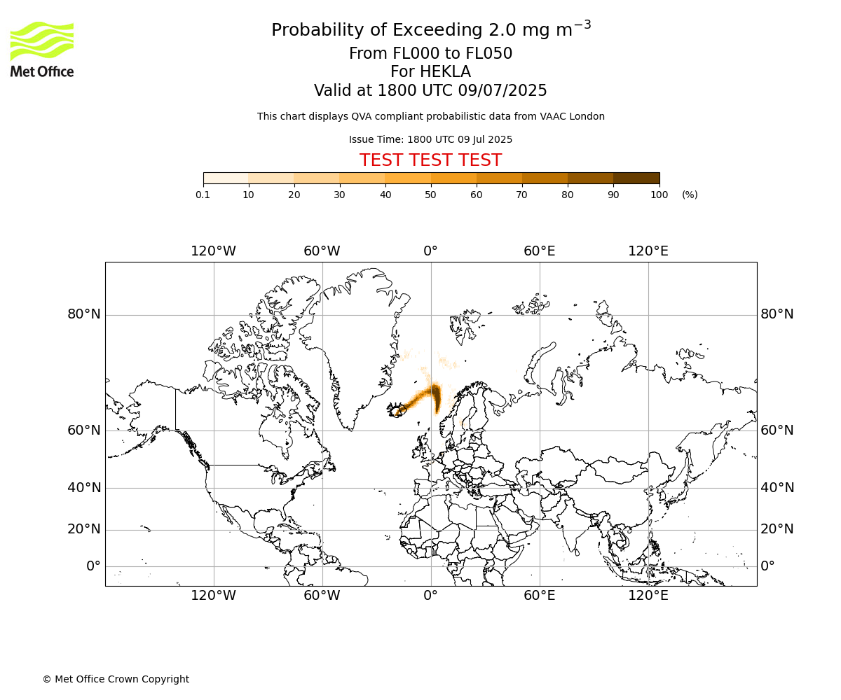 Probability of exceeding 2.0 milligrams per metre cubed. From 000 to 050 for HEKLA. Valid at 1800 UTC 09/07/2025