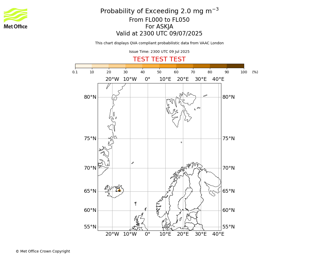 Probability of exceeding 2.0 milligrams per metre cubed. From 000 to 050 for ASKJA. Valid at 2300 UTC 09/07/2025