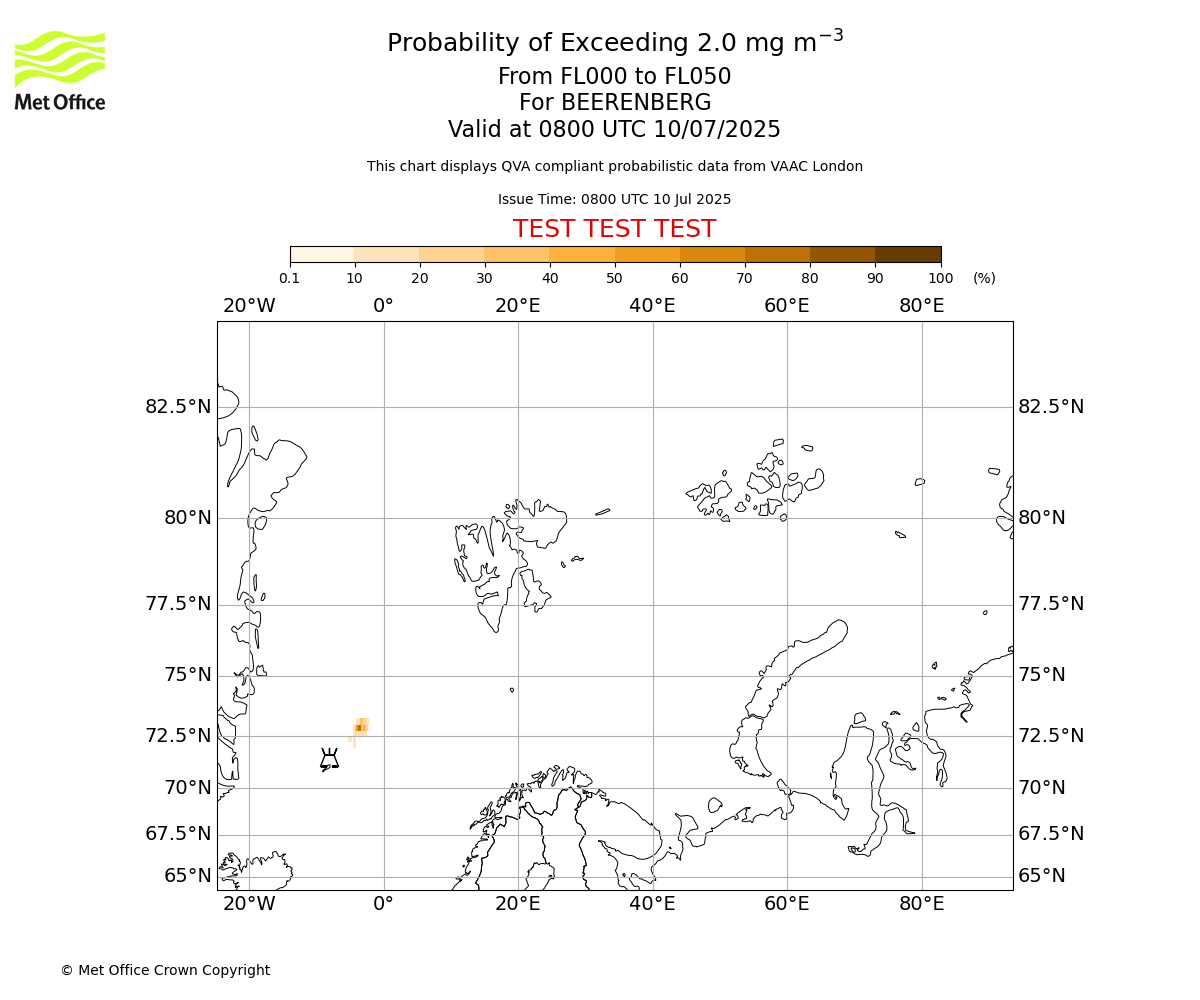 Probability of exceeding 2.0 milligrams per metre cubed. From 000 to 050 for BEERENBERG. Valid at 0800 UTC 10/07/2025