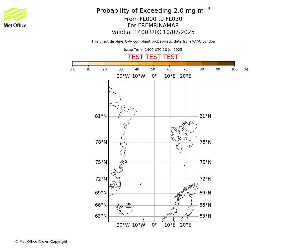 Probability of exceeding 2.0 milligrams per metre cubed. From 000 to 050 for FREMRINAMAR. Valid at 1400 UTC 10/07/2025
