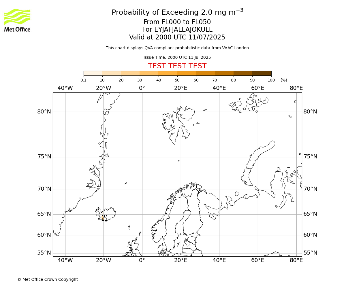 Probability of exceeding 2.0 milligrams per metre cubed. From 000 to 050 for EYJAFJALLAJOKULL. Valid at 2000 UTC 11/07/2025