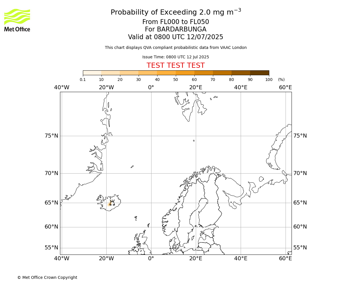 Probability of exceeding 2.0 milligrams per metre cubed. From 000 to 050 for BARDARBUNGA. Valid at 0800 UTC 12/07/2025