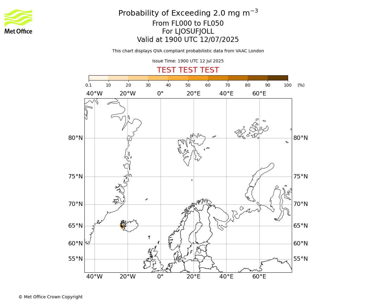 Probability of exceeding 2.0 milligrams per metre cubed. From 000 to 050 for LJOSUFJOLL. Valid at 1900 UTC 12/07/2025