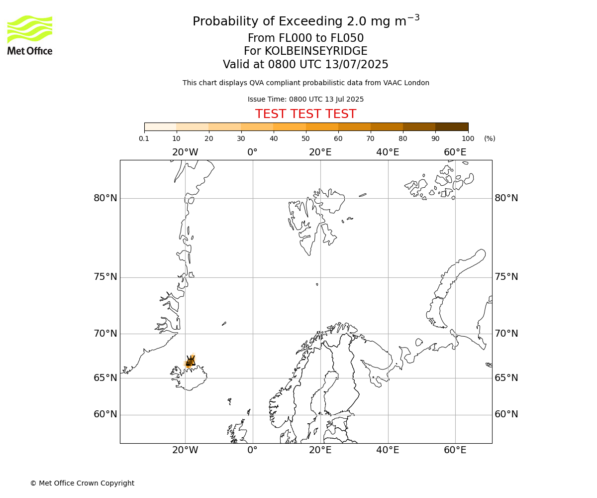 Probability of exceeding 2.0 milligrams per metre cubed. From 000 to 050 for KOLBEINSEYRIDGE. Valid at 0800 UTC 13/07/2025