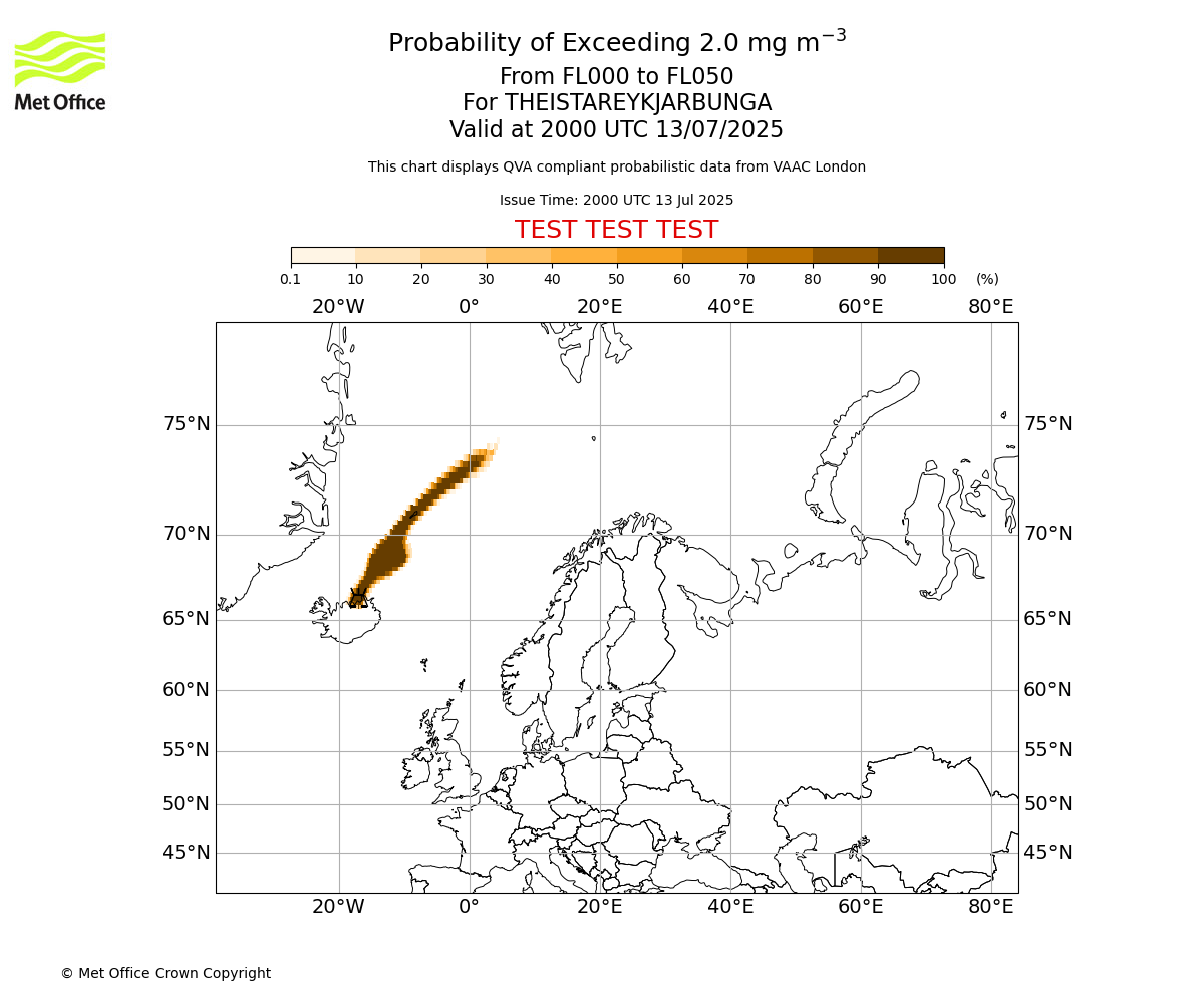 Probability of exceeding 2.0 milligrams per metre cubed. From 000 to 050 for THEISTAREYKJARBUNGA. Valid at 2000 UTC 13/07/2025