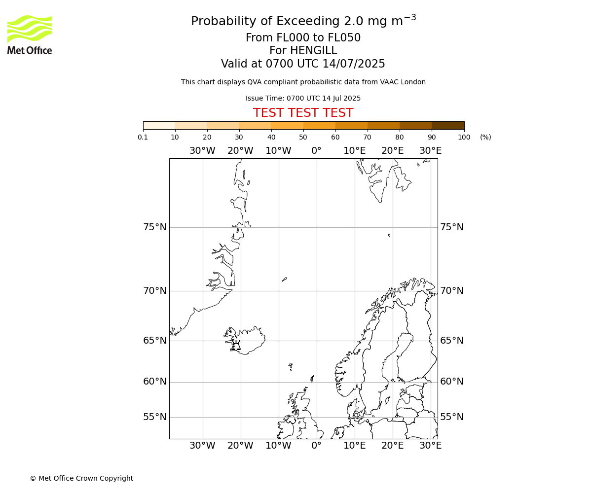 Probability of exceeding 2.0 milligrams per metre cubed. From 000 to 050 for HENGILL. Valid at 0700 UTC 14/07/2025