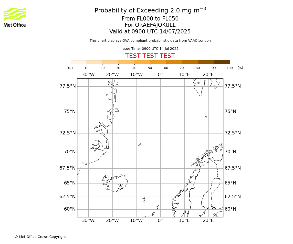 Probability of exceeding 2.0 milligrams per metre cubed. From 000 to 050 for ORAEFAJOKULL. Valid at 0900 UTC 14/07/2025