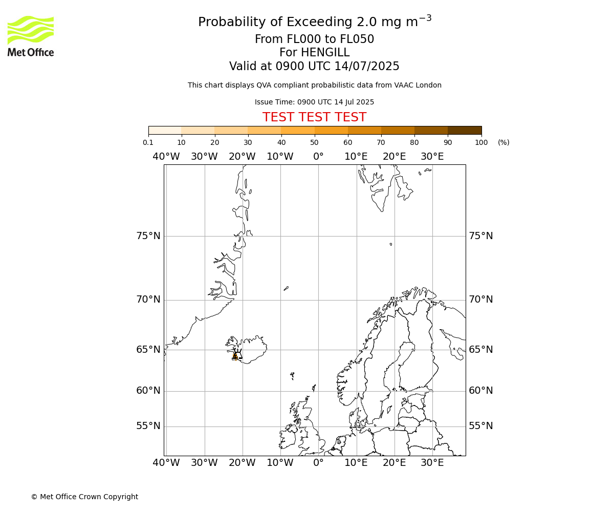 Probability of exceeding 2.0 milligrams per metre cubed. From 000 to 050 for HENGILL. Valid at 0900 UTC 14/07/2025