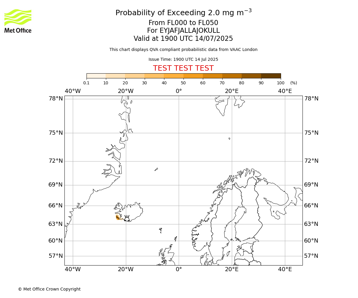 Probability of exceeding 2.0 milligrams per metre cubed. From 000 to 050 for EYJAFJALLAJOKULL. Valid at 1900 UTC 14/07/2025