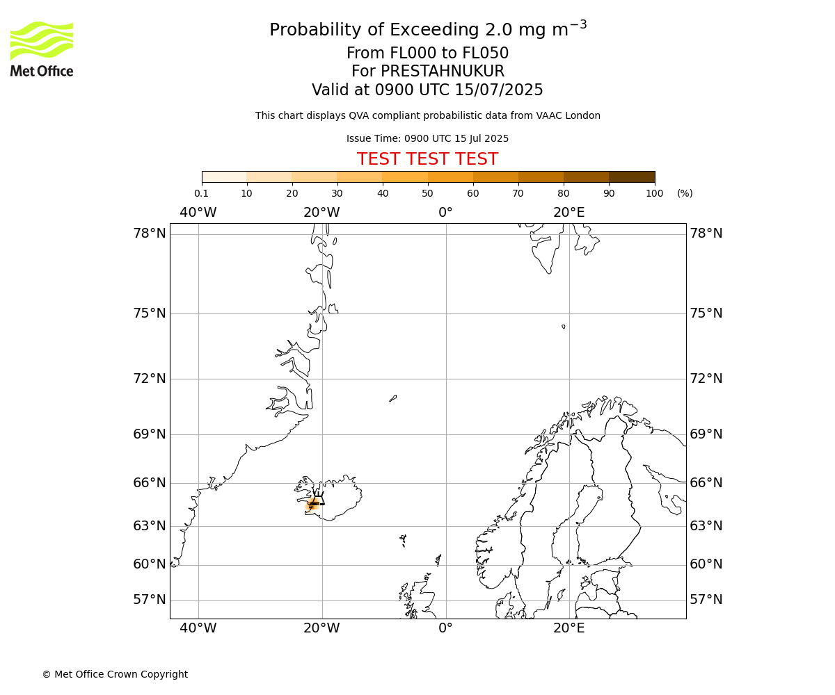 Probability of exceeding 2.0 milligrams per metre cubed. From 000 to 050 for PRESTAHNUKUR. Valid at 0900 UTC 15/07/2025