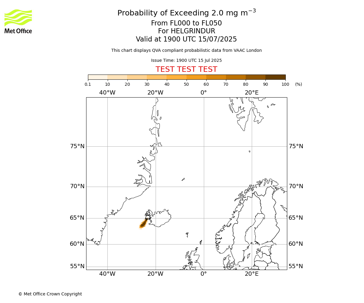 Probability of exceeding 2.0 milligrams per metre cubed. From 000 to 050 for HELGRINDUR. Valid at 1900 UTC 15/07/2025