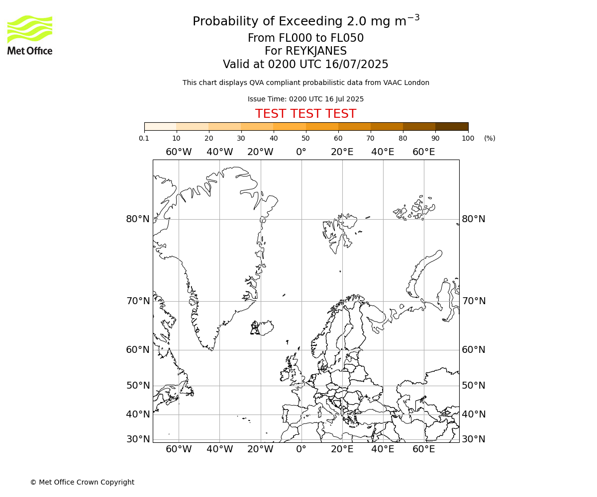 Probability of exceeding 2.0 milligrams per metre cubed. From 000 to 050 for REYKJANES. Valid at 0200 UTC 16/07/2025