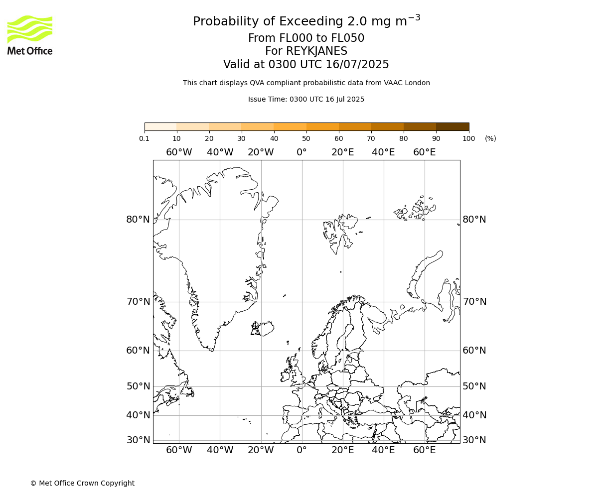 Probability of exceeding 2.0 milligrams per metre cubed. From 000 to 050 for REYKJANES. Valid at 0300 UTC 16/07/2025