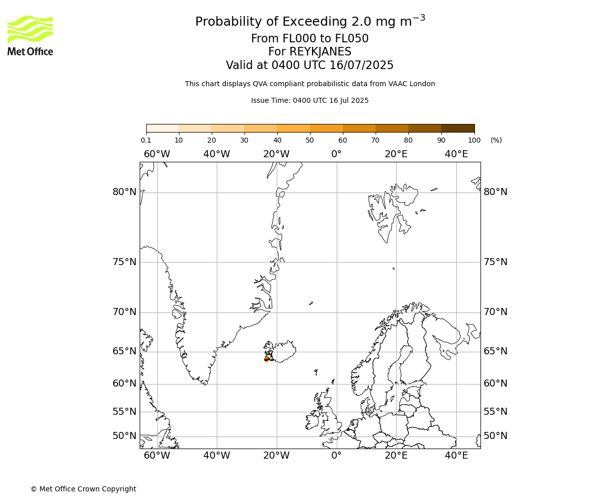 Probability of exceeding 2.0 milligrams per metre cubed. From 000 to 050 for REYKJANES. Valid at 0400 UTC 16/07/2025