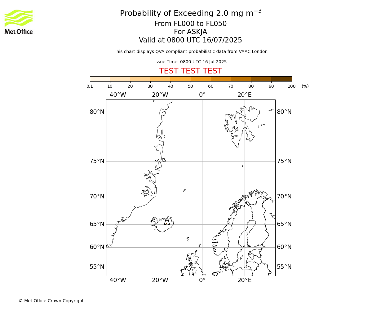 Probability of exceeding 2.0 milligrams per metre cubed. From 000 to 050 for ASKJA. Valid at 0800 UTC 16/07/2025