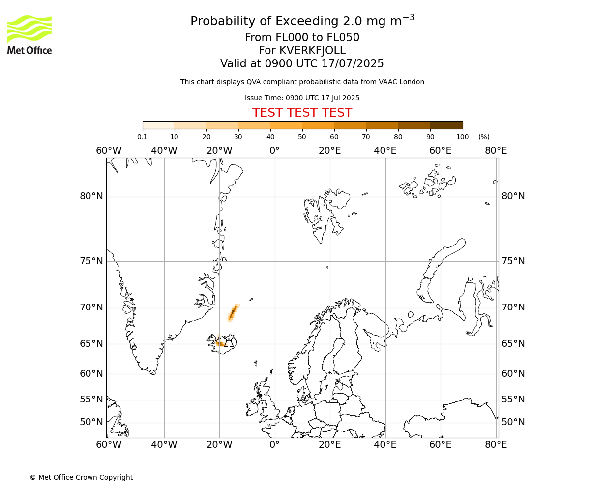 Probability of exceeding 2.0 milligrams per metre cubed. From 000 to 050 for KVERKFJOLL. Valid at 0900 UTC 17/07/2025