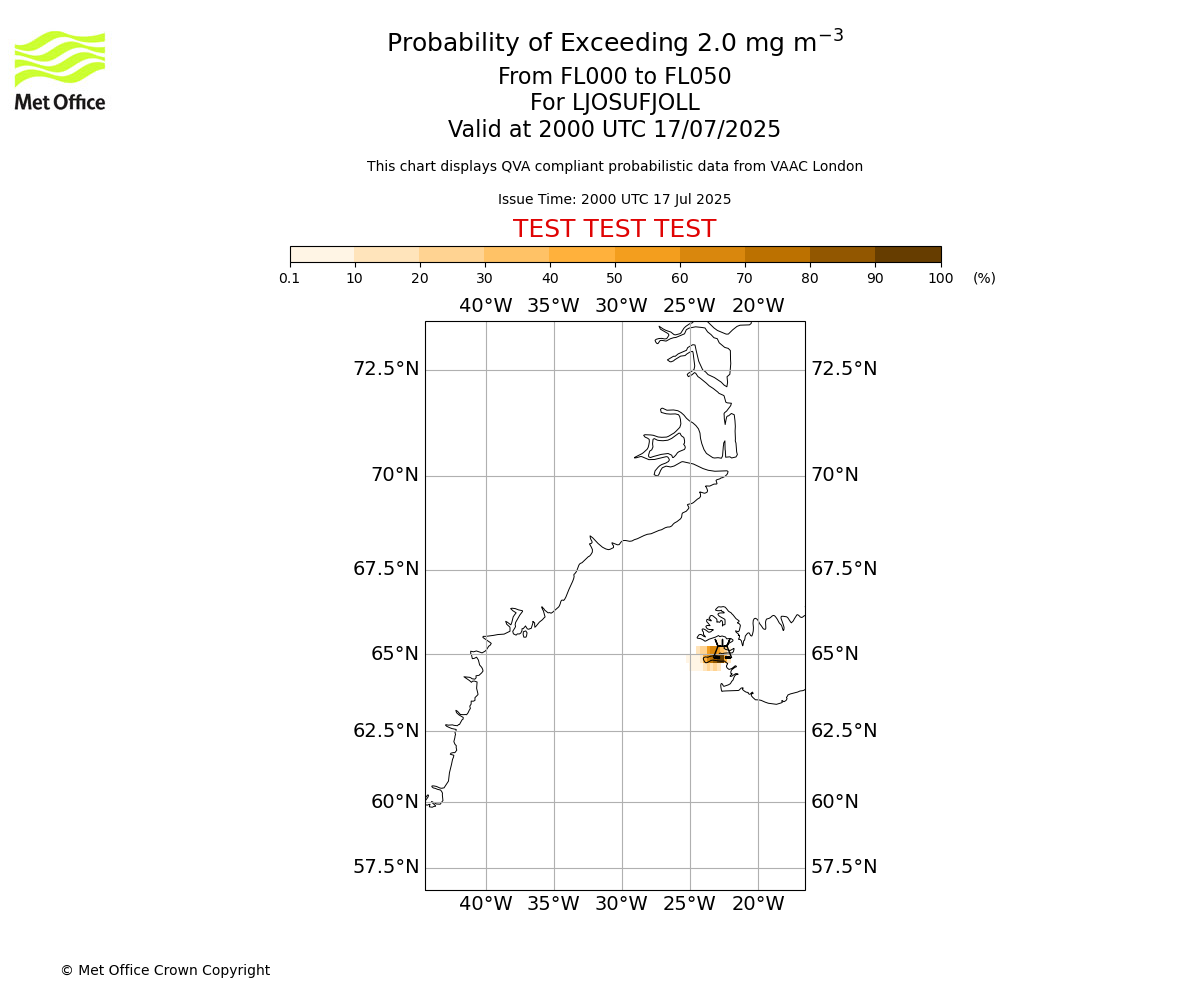 Probability of exceeding 2.0 milligrams per metre cubed. From 000 to 050 for LJOSUFJOLL. Valid at 2000 UTC 17/07/2025