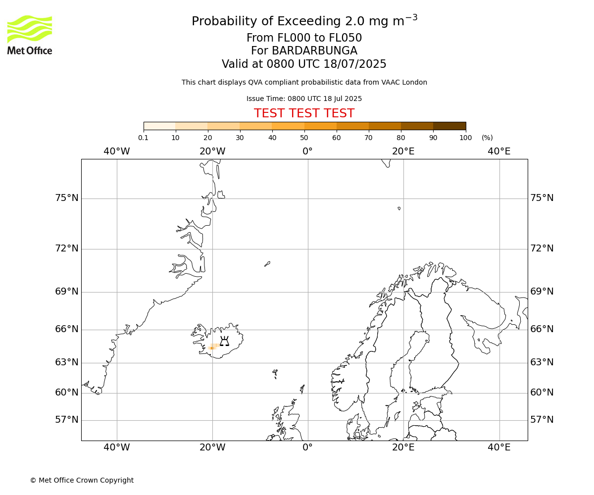 Probability of exceeding 2.0 milligrams per metre cubed. From 000 to 050 for BARDARBUNGA. Valid at 0800 UTC 18/07/2025