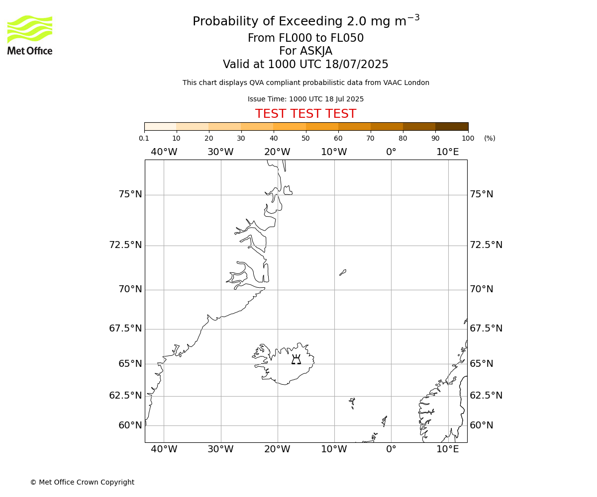 Probability of exceeding 2.0 milligrams per metre cubed. From 000 to 050 for ASKJA. Valid at 1000 UTC 18/07/2025