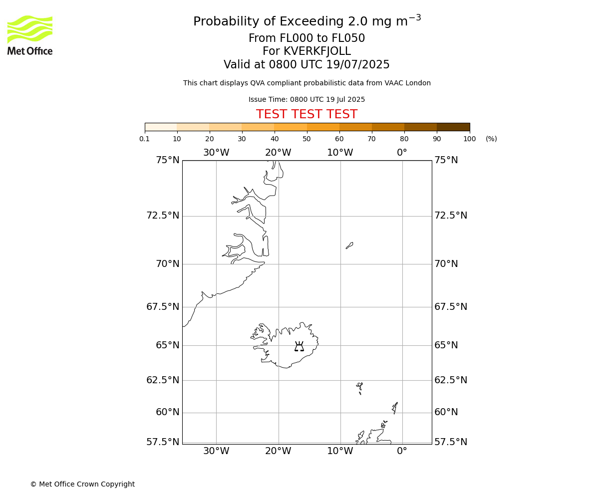 Probability of exceeding 2.0 milligrams per metre cubed. From 000 to 050 for KVERKFJOLL. Valid at 0800 UTC 19/07/2025