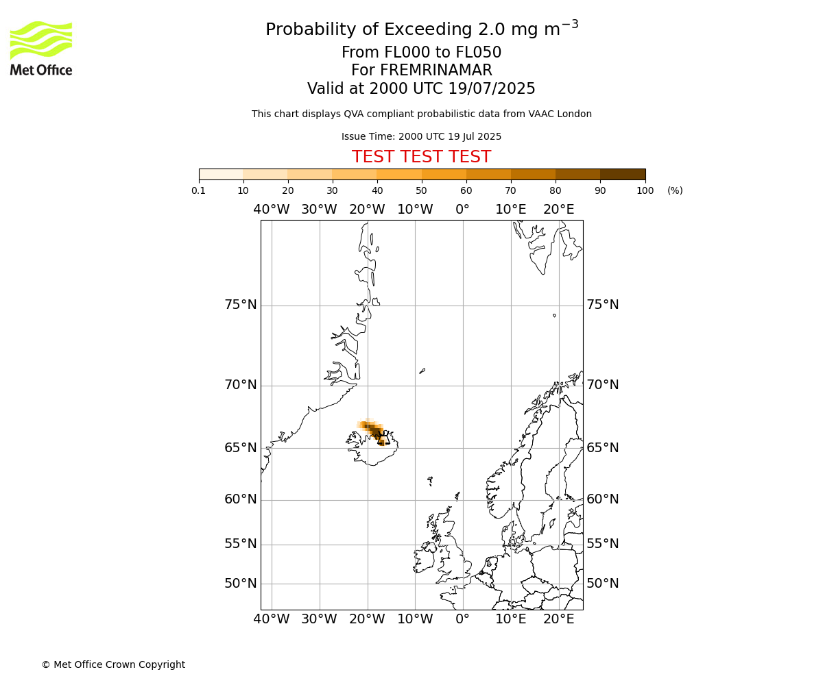 Probability of exceeding 2.0 milligrams per metre cubed. From 000 to 050 for FREMRINAMAR. Valid at 2000 UTC 19/07/2025