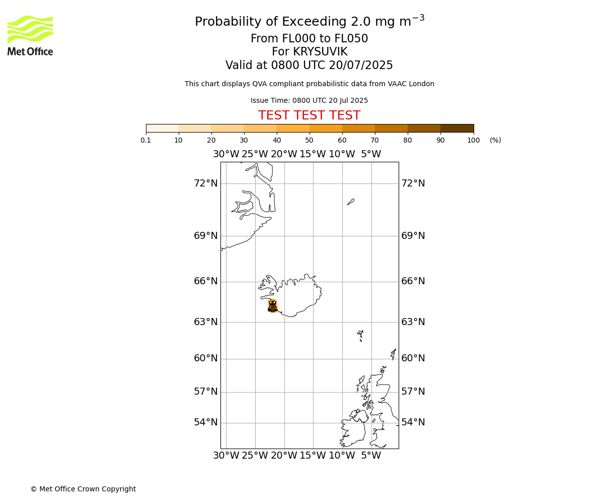 Probability of exceeding 2.0 milligrams per metre cubed. From 000 to 050 for KRYSUVIK. Valid at 0800 UTC 20/07/2025