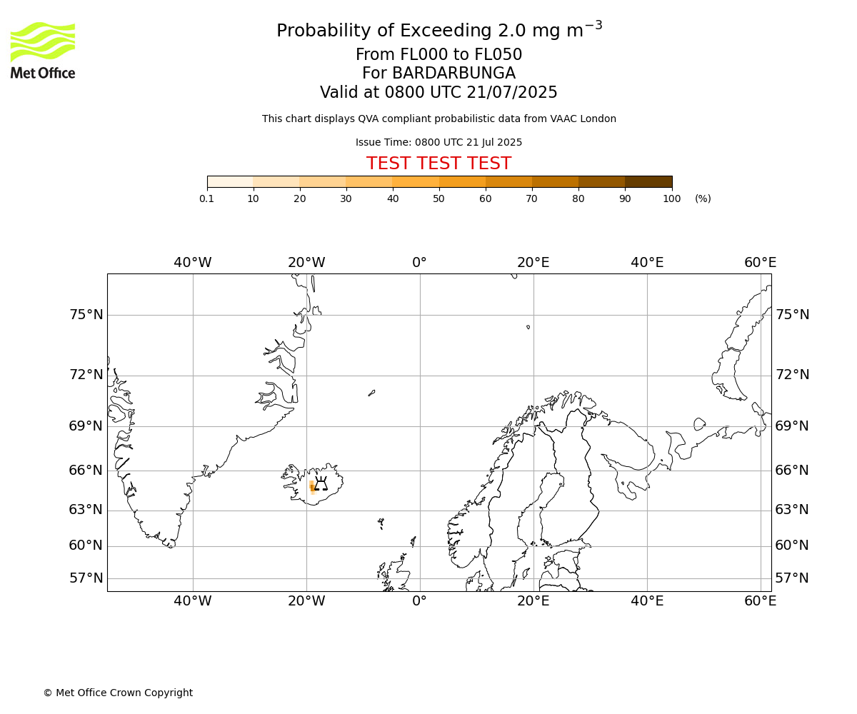Probability of exceeding 2.0 milligrams per metre cubed. From 000 to 050 for BARDARBUNGA. Valid at 0800 UTC 21/07/2025