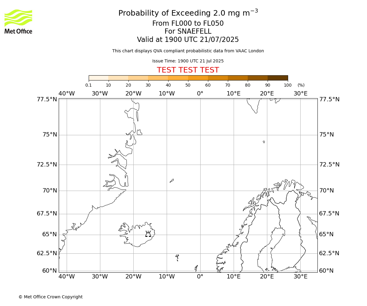 Probability of exceeding 2.0 milligrams per metre cubed. From 000 to 050 for SNAEFELL. Valid at 1900 UTC 21/07/2025
