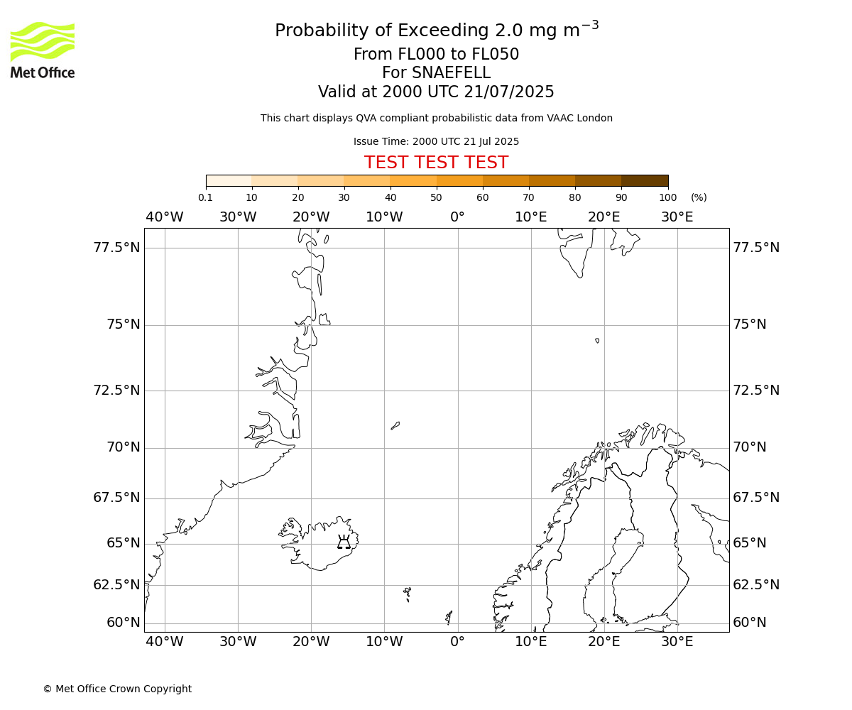Probability of exceeding 2.0 milligrams per metre cubed. From 000 to 050 for SNAEFELL. Valid at 2000 UTC 21/07/2025