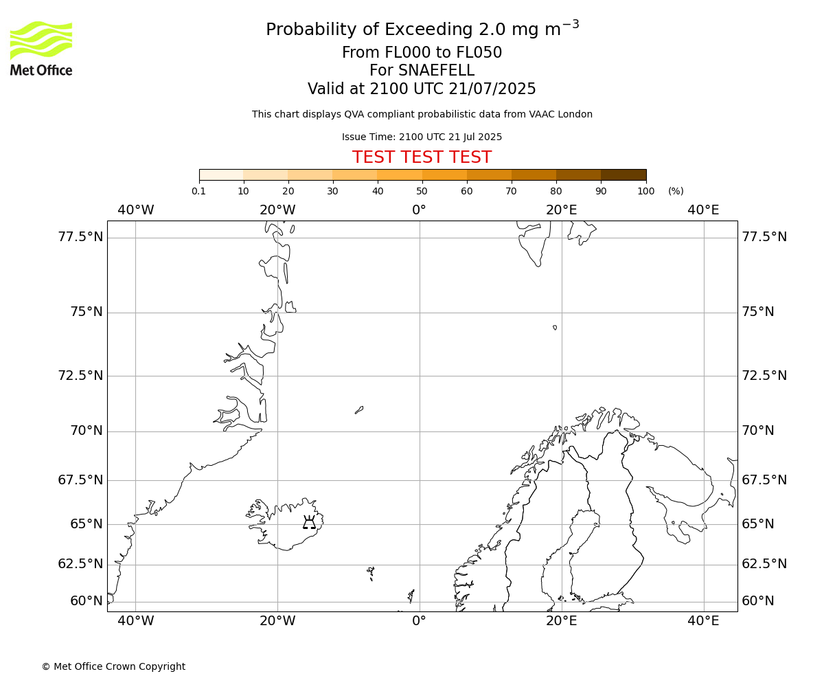 Probability of exceeding 2.0 milligrams per metre cubed. From 000 to 050 for SNAEFELL. Valid at 2100 UTC 21/07/2025