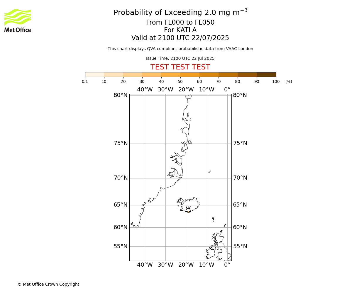 Probability of exceeding 2.0 milligrams per metre cubed. From 000 to 050 for KATLA. Valid at 2100 UTC 22/07/2025