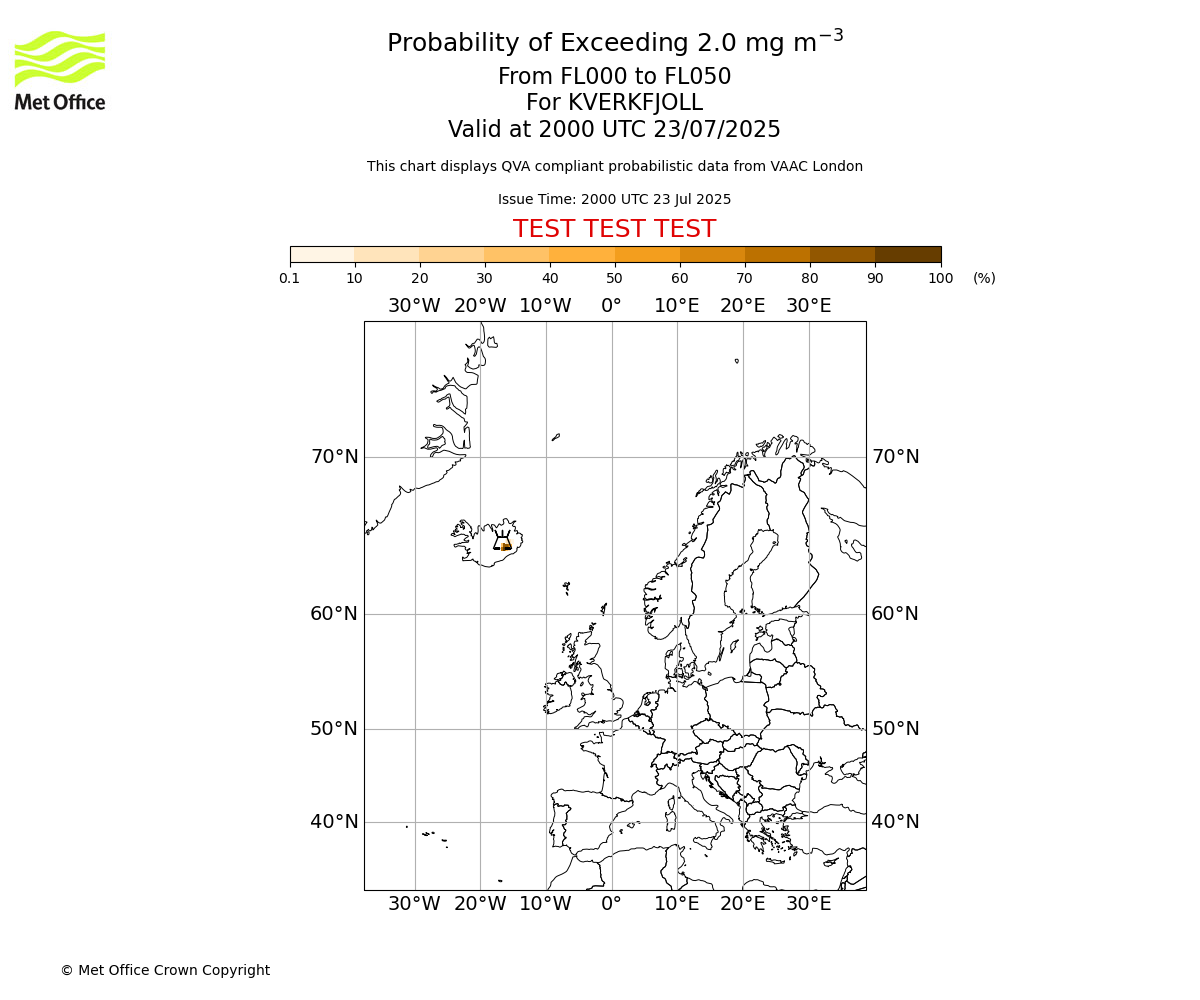Probability of exceeding 2.0 milligrams per metre cubed. From 000 to 050 for KVERKFJOLL. Valid at 2000 UTC 23/07/2025