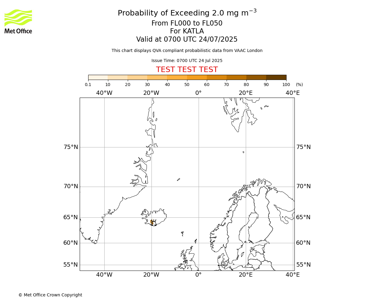 Probability of exceeding 2.0 milligrams per metre cubed. From 000 to 050 for KATLA. Valid at 0700 UTC 24/07/2025