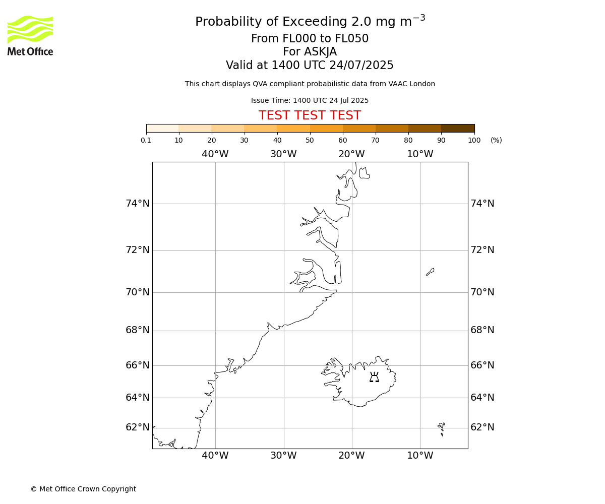 Probability of exceeding 2.0 milligrams per metre cubed. From 000 to 050 for ASKJA. Valid at 1400 UTC 24/07/2025