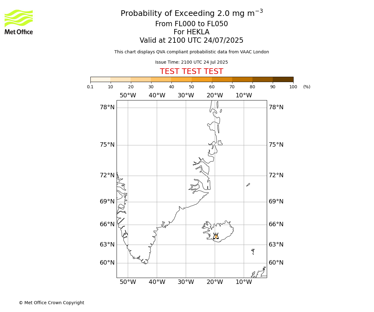 Probability of exceeding 2.0 milligrams per metre cubed. From 000 to 050 for HEKLA. Valid at 2100 UTC 24/07/2025