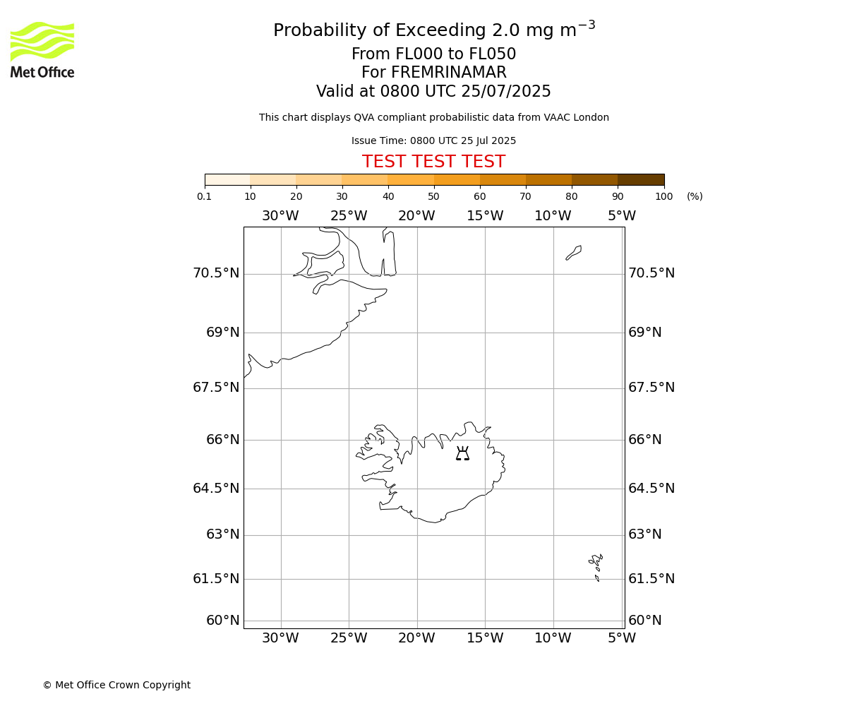 Probability of exceeding 2.0 milligrams per metre cubed. From 000 to 050 for FREMRINAMAR. Valid at 0800 UTC 25/07/2025