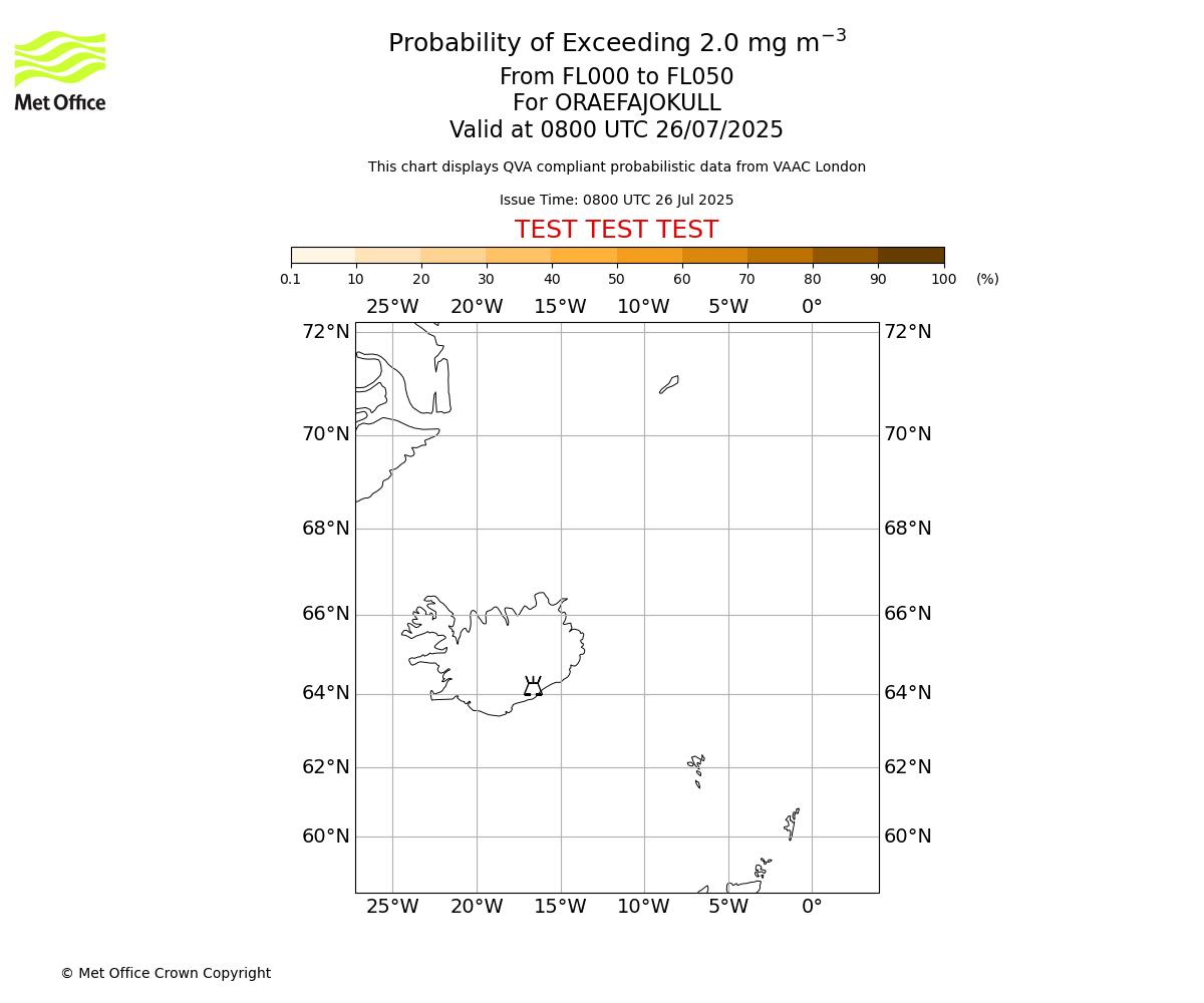 Probability of exceeding 2.0 milligrams per metre cubed. From 000 to 050 for ORAEFAJOKULL. Valid at 0800 UTC 26/07/2025