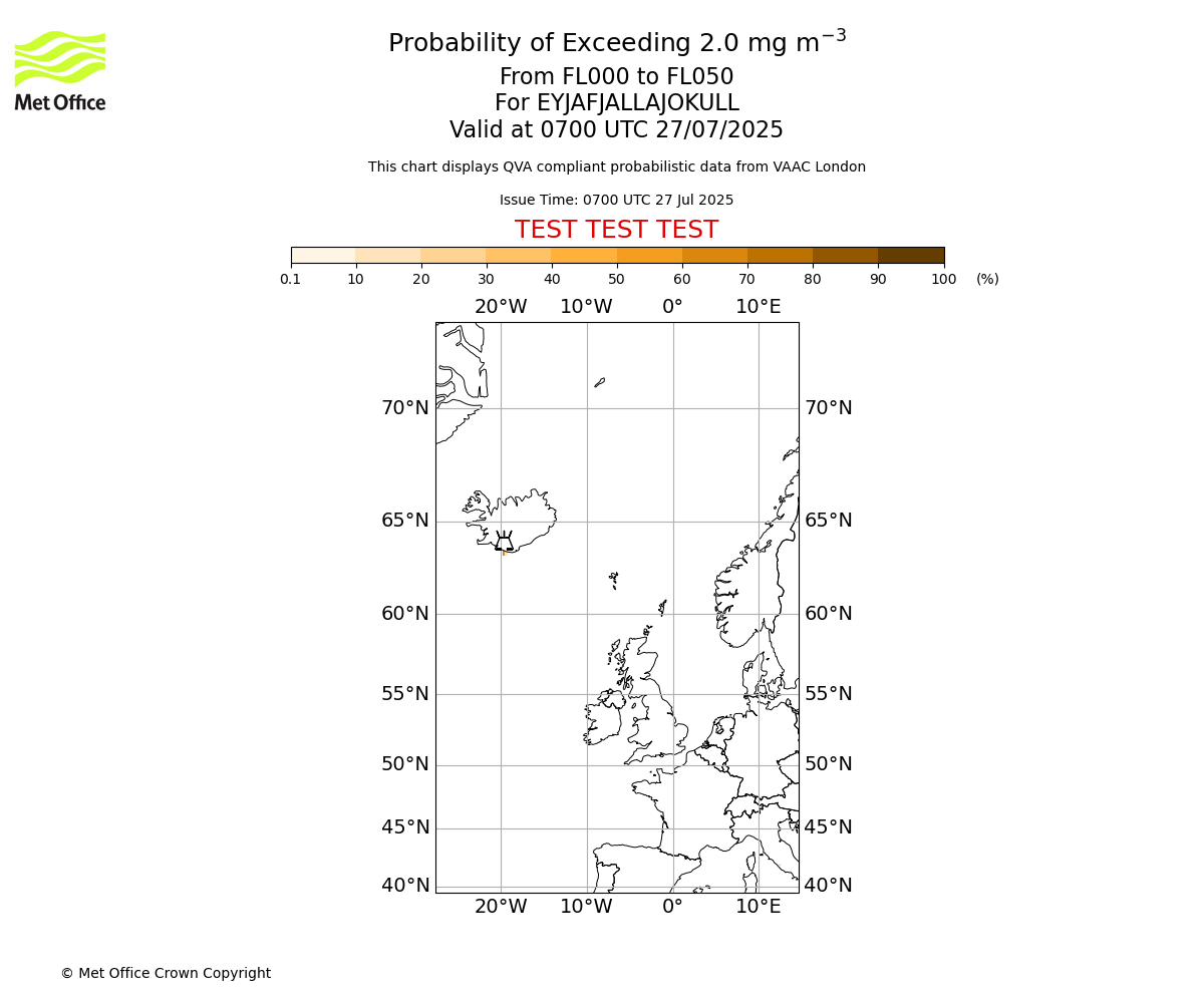 Probability of exceeding 2.0 milligrams per metre cubed. From 000 to 050 for EYJAFJALLAJOKULL. Valid at 0700 UTC 27/07/2025