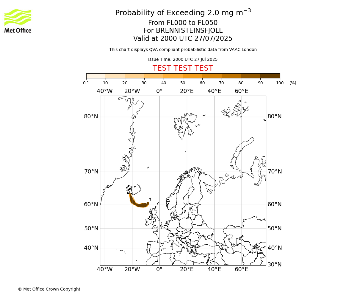 Probability of exceeding 2.0 milligrams per metre cubed. From 000 to 050 for BRENNISTEINSFJOLL. Valid at 2000 UTC 27/07/2025