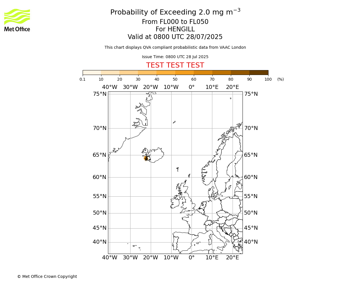 Probability of exceeding 2.0 milligrams per metre cubed. From 000 to 050 for HENGILL. Valid at 0800 UTC 28/07/2025