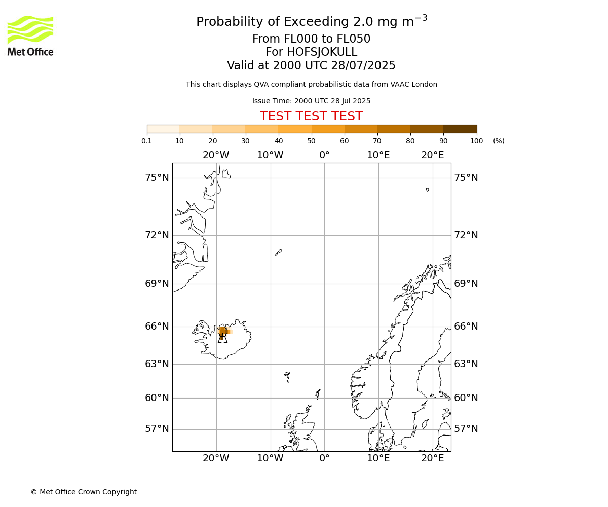Probability of exceeding 2.0 milligrams per metre cubed. From 000 to 050 for HOFSJOKULL. Valid at 2000 UTC 28/07/2025