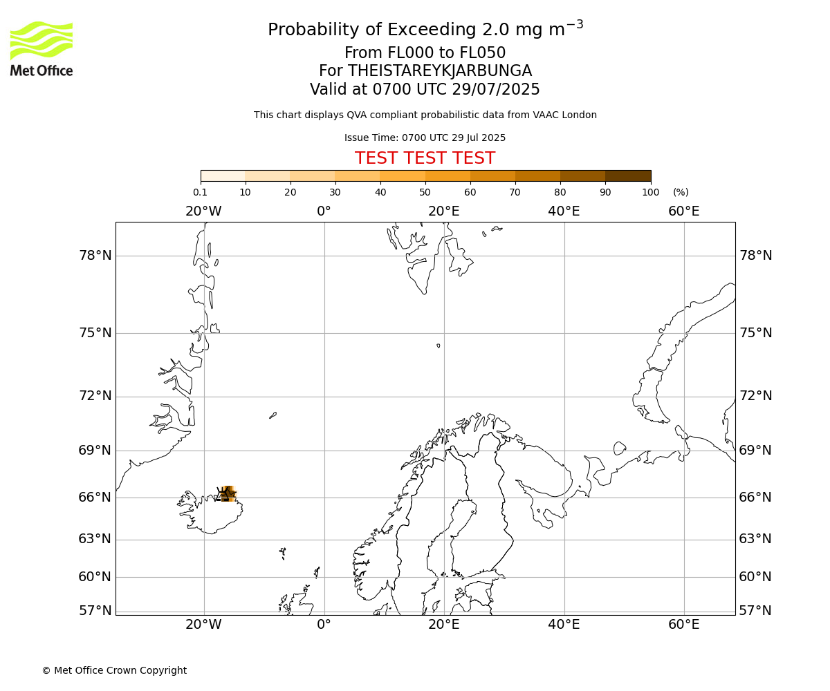 Probability of exceeding 2.0 milligrams per metre cubed. From 000 to 050 for THEISTAREYKJARBUNGA. Valid at 0700 UTC 29/07/2025