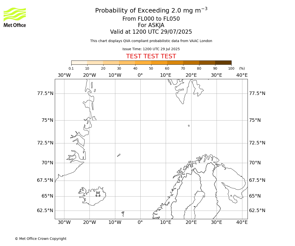 Probability of exceeding 2.0 milligrams per metre cubed. From 000 to 050 for ASKJA. Valid at 1200 UTC 29/07/2025
