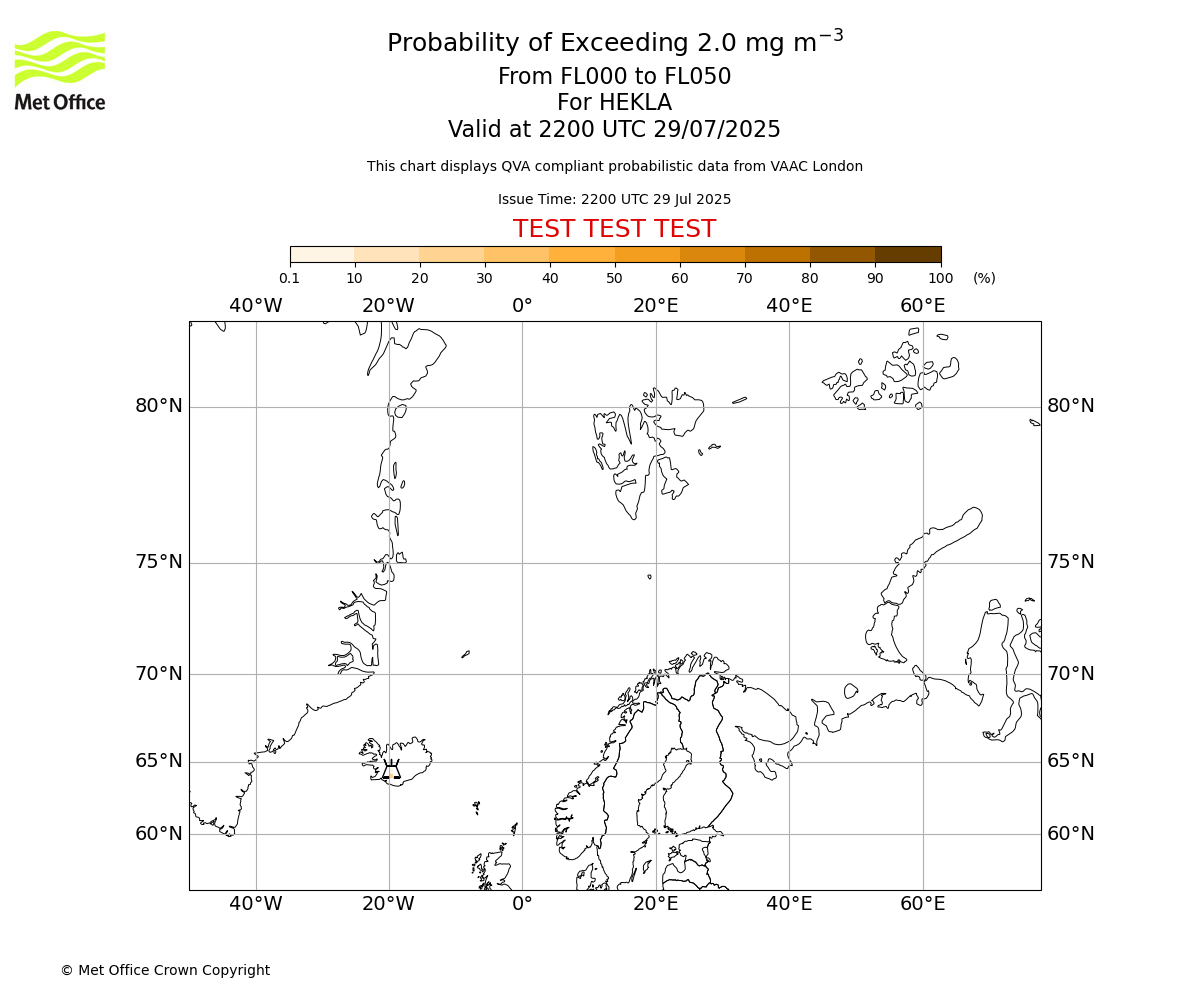 Probability of exceeding 2.0 milligrams per metre cubed. From 000 to 050 for HEKLA. Valid at 2200 UTC 29/07/2025