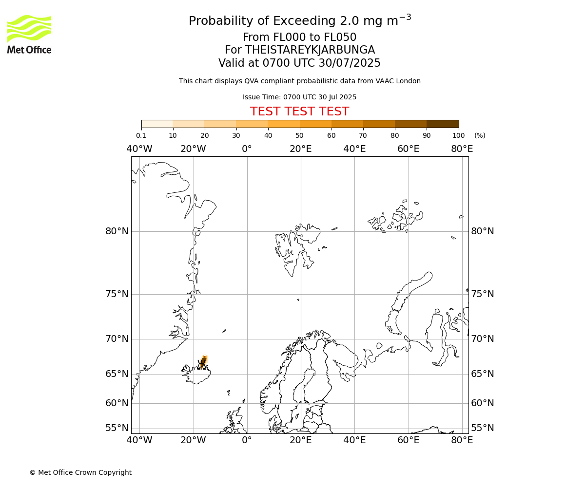 Probability of exceeding 2.0 milligrams per metre cubed. From 000 to 050 for THEISTAREYKJARBUNGA. Valid at 0700 UTC 30/07/2025