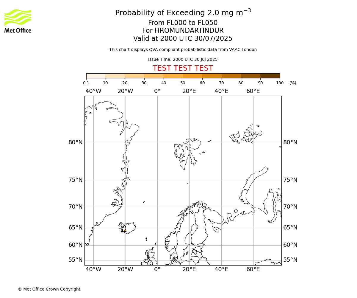 Probability of exceeding 2.0 milligrams per metre cubed. From 000 to 050 for HROMUNDARTINDUR. Valid at 2000 UTC 30/07/2025