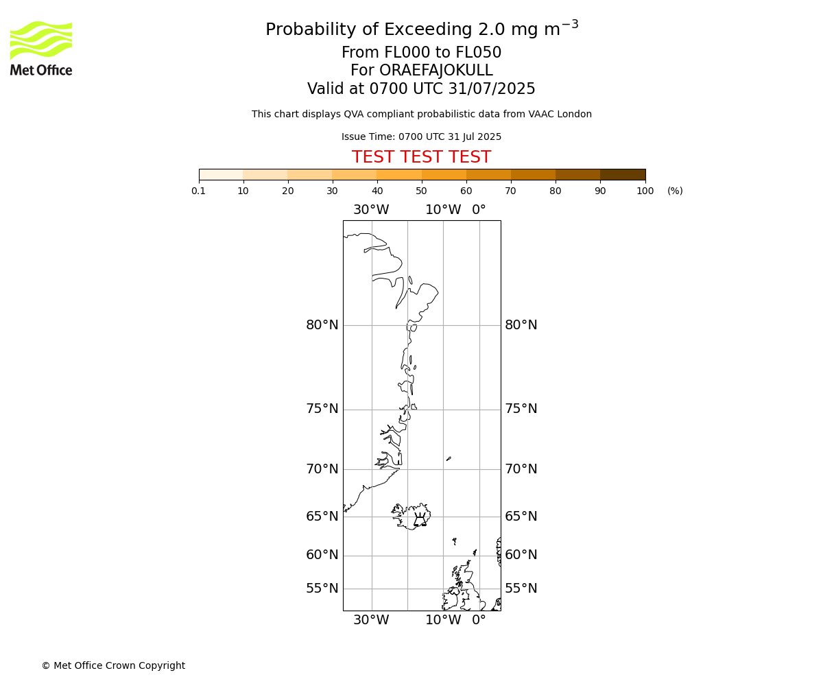 Probability of exceeding 2.0 milligrams per metre cubed. From 000 to 050 for ORAEFAJOKULL. Valid at 0700 UTC 31/07/2025