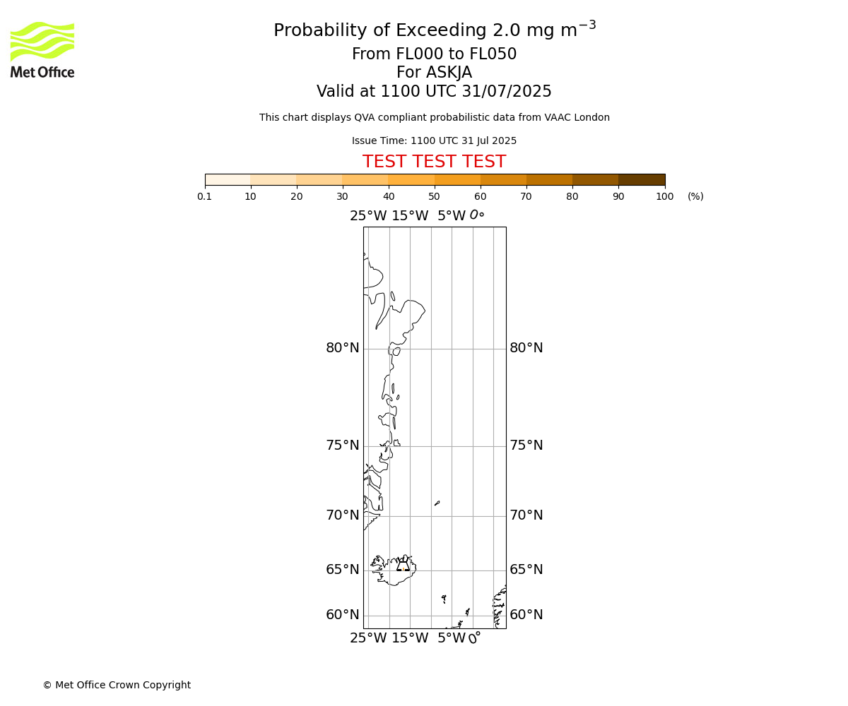 Probability of exceeding 2.0 milligrams per metre cubed. From 000 to 050 for ASKJA. Valid at 1100 UTC 31/07/2025